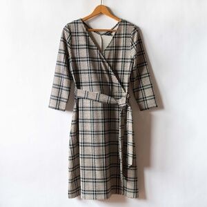 Lands' End Belted Wrap Style Houndstooth Fit & Flare Dress